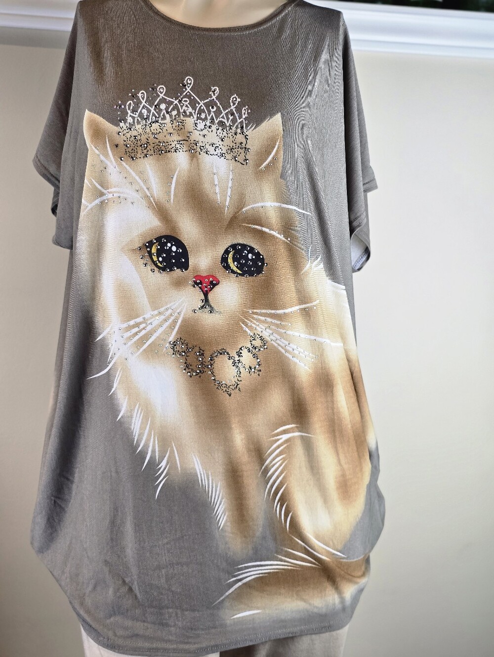 Oversized Rhinestone Cat Tunic Top | Whimsigoth Slouchy Batwing Cat Princess Tee